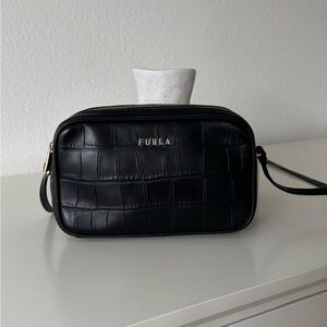 Furla Black Croc-Patterned Leather Camera Crossbody Bag